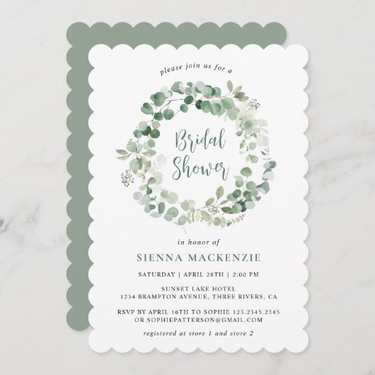 ボタニカルユーカリプタスセージグリーンブライダルシャワー 招待状 (正面/裏面)