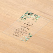 ボタニカルユーカリプトゥスグリーンリー&金ゴールドシ結婚ック アクリル招待状 (レイダウン)