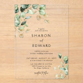 ボタニカルユーカリプトゥスグリーンリー&金ゴールドシ結婚ック アクリル招待状 (正面)