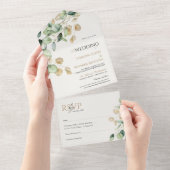 ボタニカルユーカリプトゥスグリーンリー&金ゴールドシ結婚ック オールインワン招待状 (貼ってはがせる)