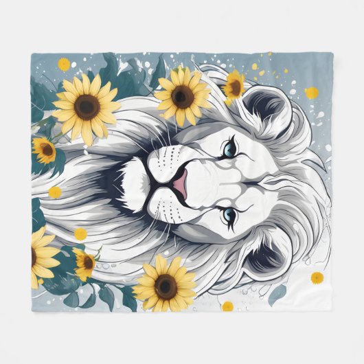 ボタニカルライオン絵を描ポートレートズヒマワリアライオン フリースブランケット (正面(横))