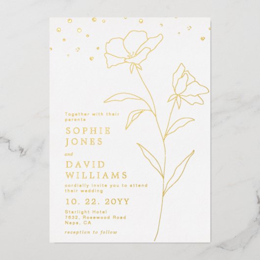 ボタニカルラインアートフラワーエレガントウェディング実在  箔招待状 (正面)