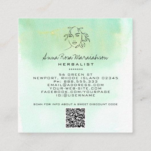 *~*ボタニカルラインアートQR女性緑  スクエア名刺 (裏面)