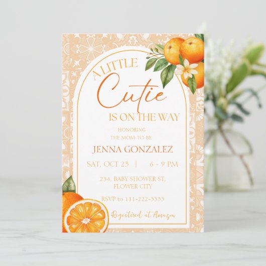ボタニカルリトルかわいこちゃん柑橘類オレンジベビーシャワー 招待状 (スタンド正面)