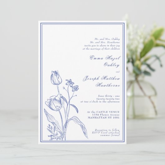 ボタニカルリージェンシーヴィンテージパステル結婚ブルー 招待状 (スタンド正面)