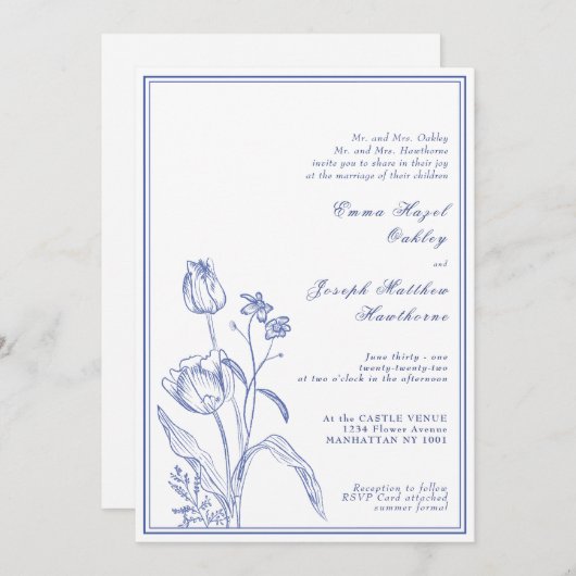 ボタニカルリージェンシーヴィンテージパステル結婚ブルー 招待状 (正面/裏面)
