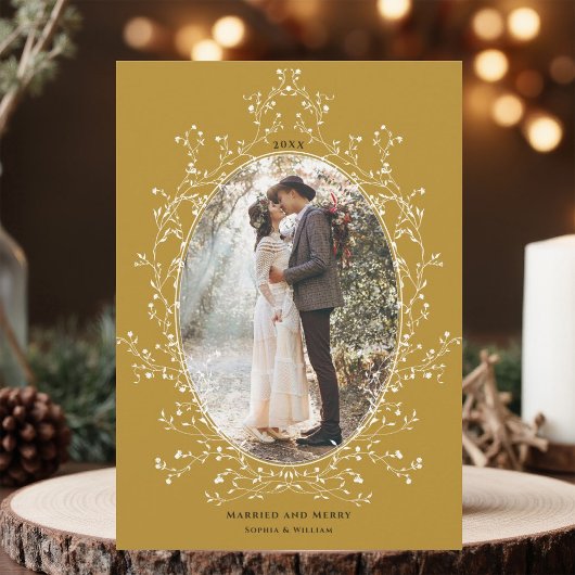 ボタニカルリースの結婚おめでとうゴールドフォト シーズンカード