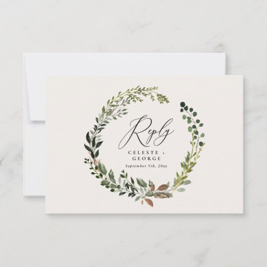 ボタニカルリースエレガントな結婚式の返信RSVPカード ノートカード (正面)