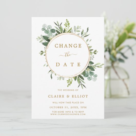 ボタニカルリース ゴールド 結婚式 日程変更のお知らせ 招待状 (スタンド正面)