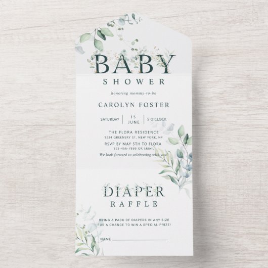 ボタニカルレターボーイ赤ちゃんシャワー |おむつラッフル オールインワン招待状 (内側)