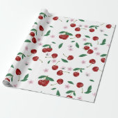 ボタニカルレッドさくらんぼの緑&花 ラッピングペーパー (アンロールド)