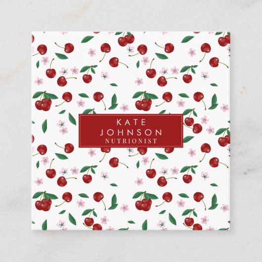 ボタニカルレッドさくらんぼグリーン&さくらんぼ花 スクエア名刺 (正面)