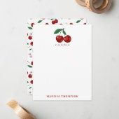 ボタニカルレッドさくらんぼグリーン&さくらんぼ花 ノートカード (正面/裏面インサイチュ)