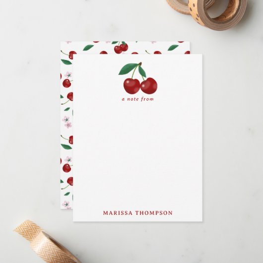 ボタニカルレッドさくらんぼグリーン&さくらんぼ花 ノートカード (正面/裏面インサイチュ)