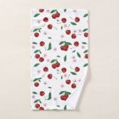 ボタニカルレッドさくらんぼグリーン&さくらんぼ花 バスタオルセット (ハンドタオル)