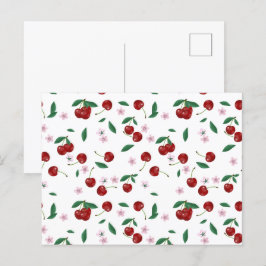 ボタニカルレッドさくらんぼグリーン&さくらんぼ花 ポストカード