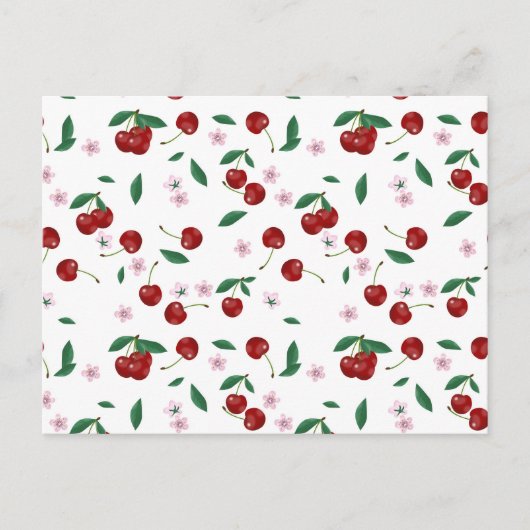 ボタニカルレッドさくらんぼグリーン&さくらんぼ花 ポストカード (正面)