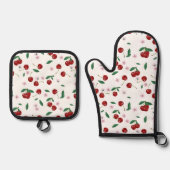 ボタニカルレッドさくらんぼグリーン&さくらんぼ花 鍋つかみ&鍋敷きセット (正面)
