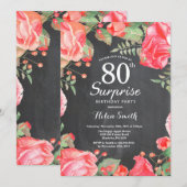 ボタニカルレッドフローラサプライズ80誕生日 招待状 (正面/裏面)