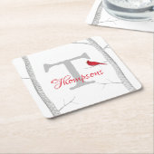 ボタニカルレッド（鳥）ショウジョウコウカンチョウウィンターツリーモノグラム スクエアペーパーコースター (アングル)