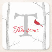 ボタニカルレッド（鳥）ショウジョウコウカンチョウウィンターツリーモノグラム スクエアペーパーコースター (正面)