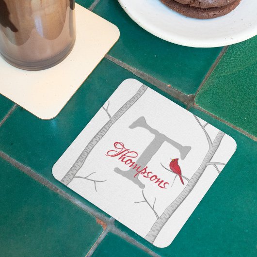 ボタニカルレッド（鳥）ショウジョウコウカンチョウウィンターツリーモノグラム スクエアペーパーコースター