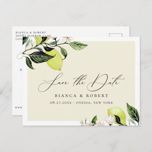 ボタニカルレモンの結婚式の日付を保存 案内ポストカード (正面/裏面)