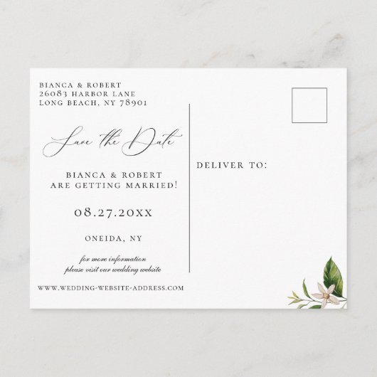 ボタニカルレモンの結婚式の日付を保存 案内ポストカード (裏面)