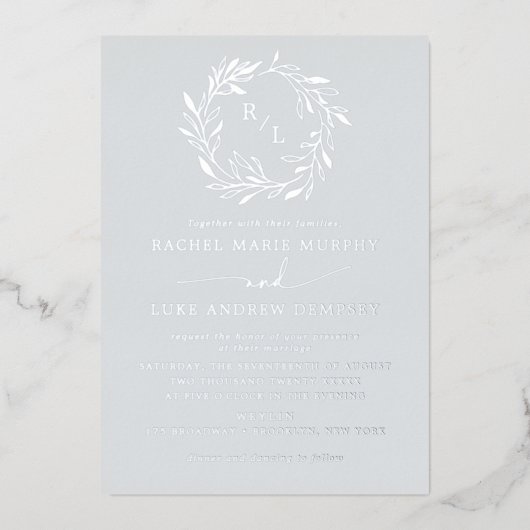 ボタニカルローレルリーフリース結婚ズモノグラム 箔招待状 (正面)