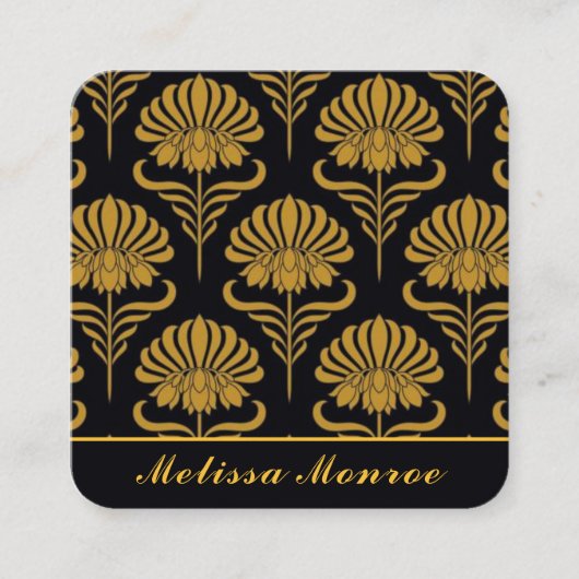 ボタニカルワイルドフラワーズシエレガントックブラック&金ゴールド スクエア名刺 (正面)