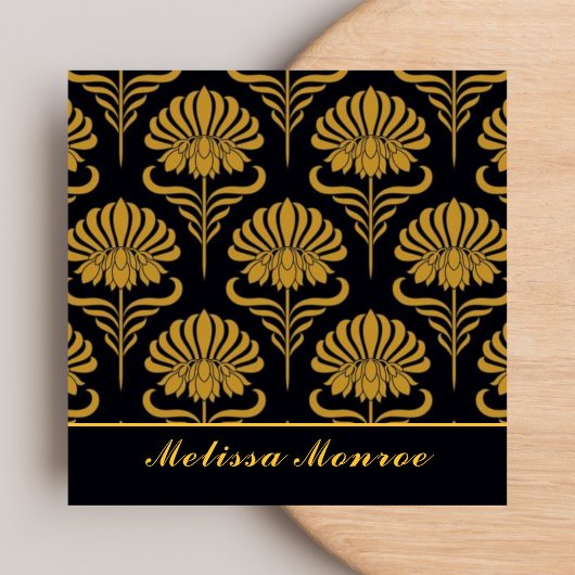 ボタニカルワイルドフラワーズシエレガントックブラック&金ゴールド スクエア名刺