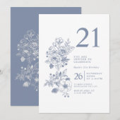 ボタニカルワイルドフラワーダスティブルー21歳の誕生日 招待状 (正面/裏面)