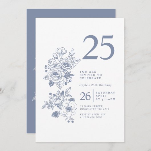 ボタニカルワイルドフラワーダスティブルー25誕生日 招待状 (正面/裏面)