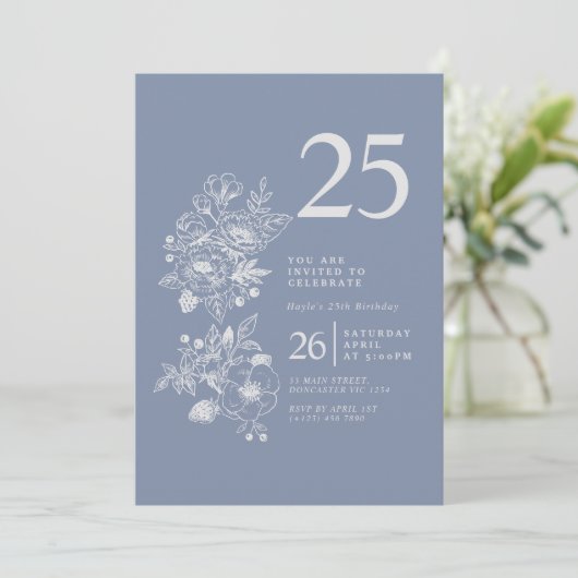ボタニカルワイルドフラワーダスティブルー25誕生日 招待状 (スタンド正面)