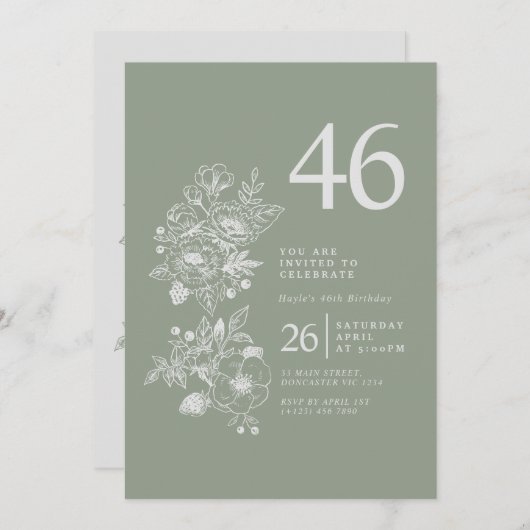ボタニカルワイルドフラワーダスティブルー46誕生日 招待状 (正面/裏面)