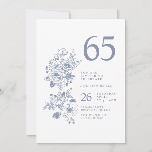 ボタニカルワイルドフラワーダスティブルー65誕生日 招待状 (正面)