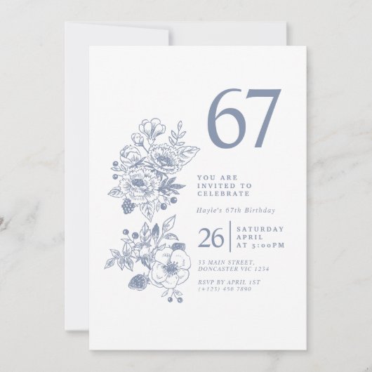 ボタニカルワイルドフラワーダスティブルー67誕生日 招待状 (正面)