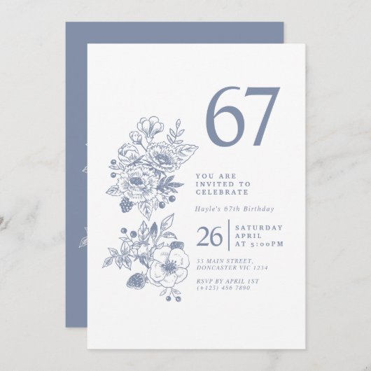ボタニカルワイルドフラワーダスティブルー67誕生日 招待状 (正面/裏面)