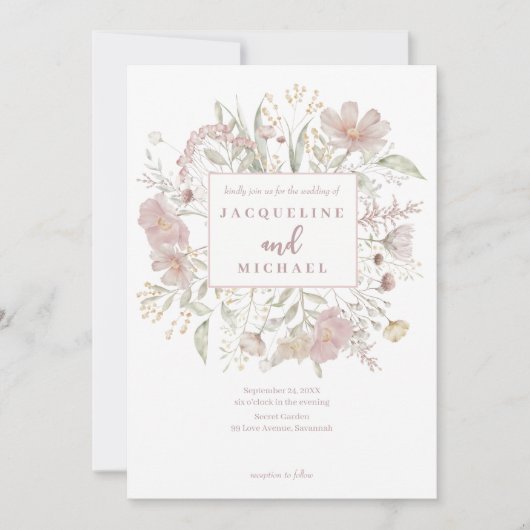 ボタニカルワイルドフラワーフレームダスティーバラ結婚ズ 招待状 (正面)