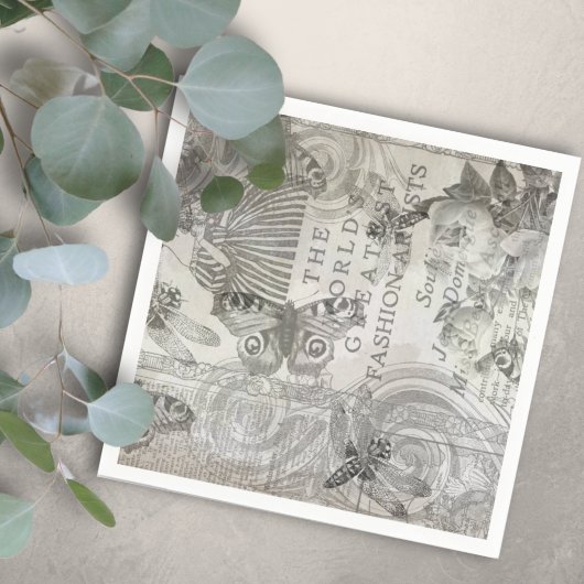 ボタニカルヴィンタグバタフライスクリプトブラックとホワイト スタンダードカクテルナプキン