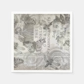 ボタニカルヴィンタグバタフライスクリプトブラックとホワイト スタンダードカクテルナプキン (正面)