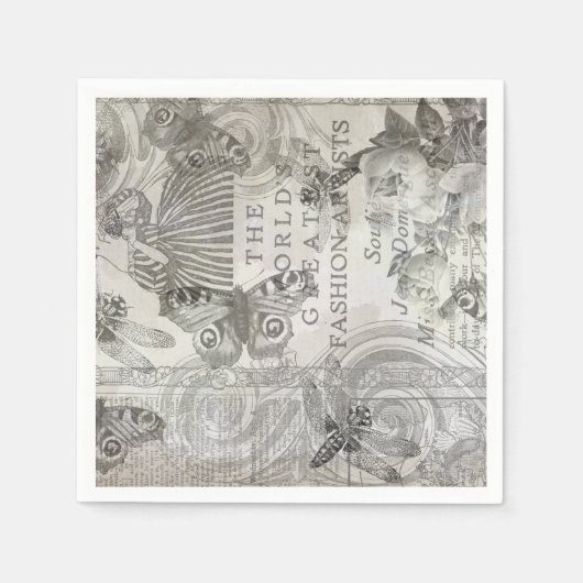 ボタニカルヴィンタグバタフライスクリプトブラックとホワイト スタンダードカクテルナプキン (正面)