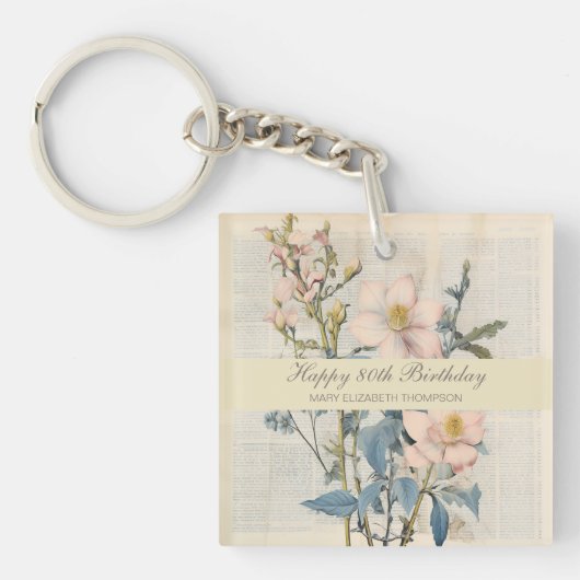 ボタニカルヴィンタケワイルドフラワー80誕生日 キーホルダー (正面)