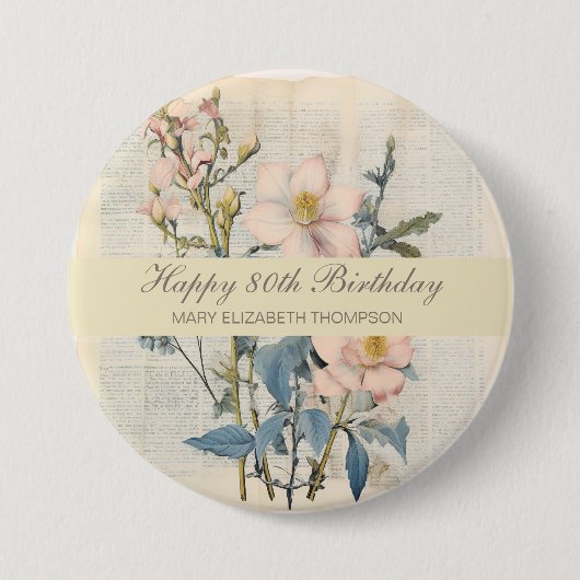 ボタニカルヴィンタケワイルドフラワー80誕生日 缶バッジ (正面)