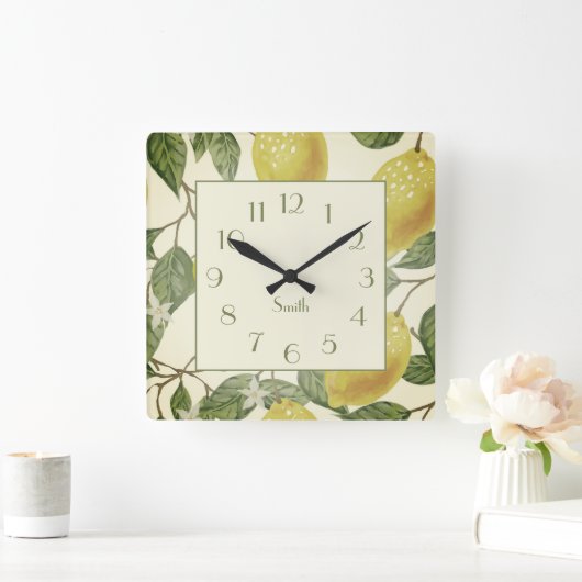 ボタニカルヴィンテージイエローレモンズファミリー名 スクエア壁時計 (ホーム)