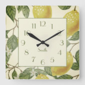ボタニカルヴィンテージイエローレモンズファミリー名 スクエア壁時計 (正面)