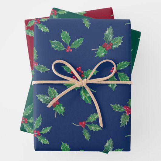 ボタニカル伝統的クリスマスホリーの枝 ラッピングペーパーシート (インサイチュ)