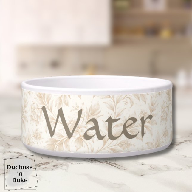 ボタニカル柄ソフトアイボリーブルームペット ボウル (Dog Water Bowl with ivory botanical design displayed on marble counter top)