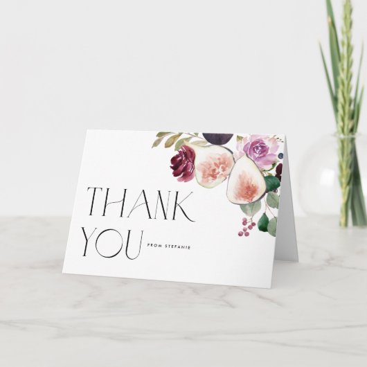 ボタニカル水彩画のイチジクとバーガンディの花 サンキューカード (正面)