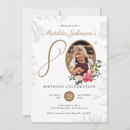 ボタニカル白カスタム金ゴールド写真80誕生日 招待状 (正面)